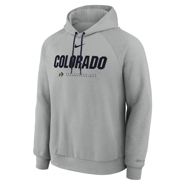 CU Boulder gray Nike hooded sweatshirt with Colorado text and buffalo logo